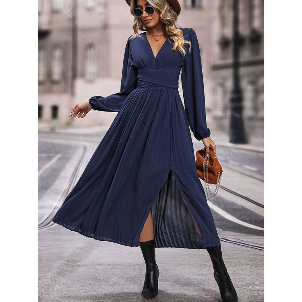 V-Neck Long Sleeve Pleated Slit Dress